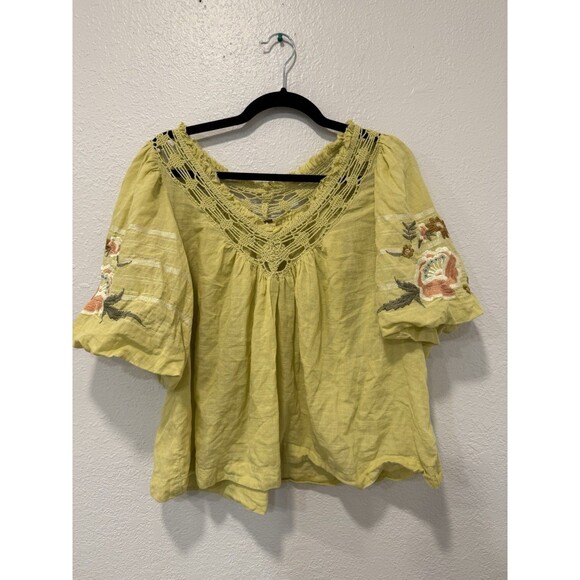 Free People Lime Bohemia Embroidered Top Small  Crochet Boho Peasant Flowy - Picture 2 of 6